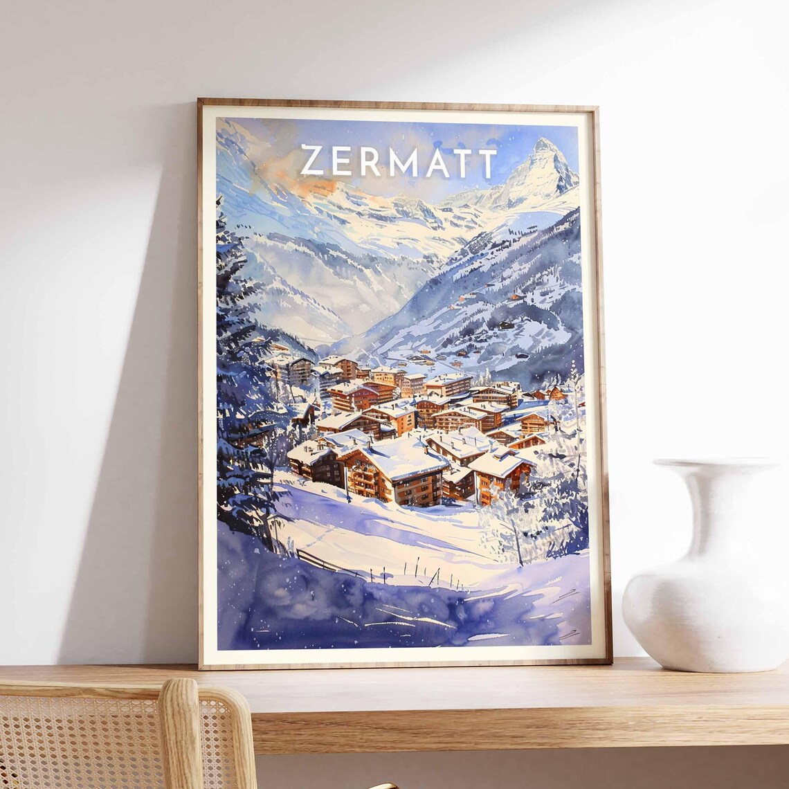 Zermatt Watercolor Village Valley Matterhorn Sunset Glow Poster
