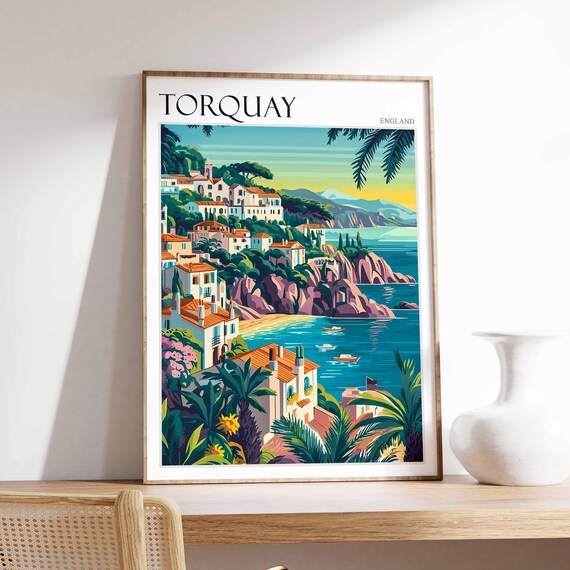 Torquay Hillside Town Rocky Cliffs Boats Bright England Travel Poster