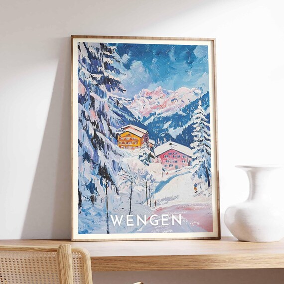 Wengen Switzerland Snowy Chalets Pink Peaks Winter Travel Poster