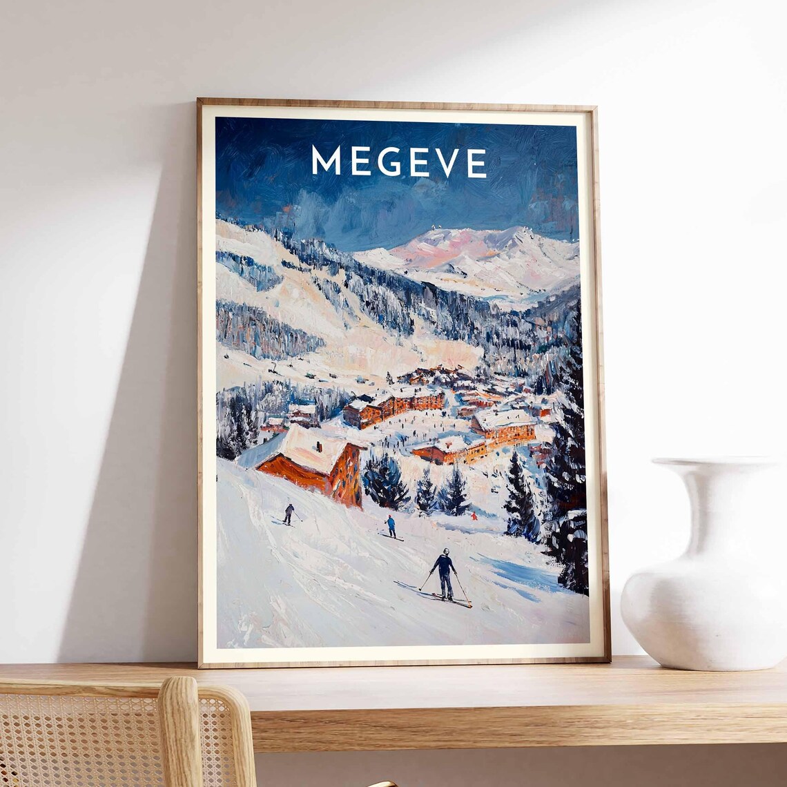 Megeve France Dusk Skiers Alpine Resort Village Evening Scene Poster