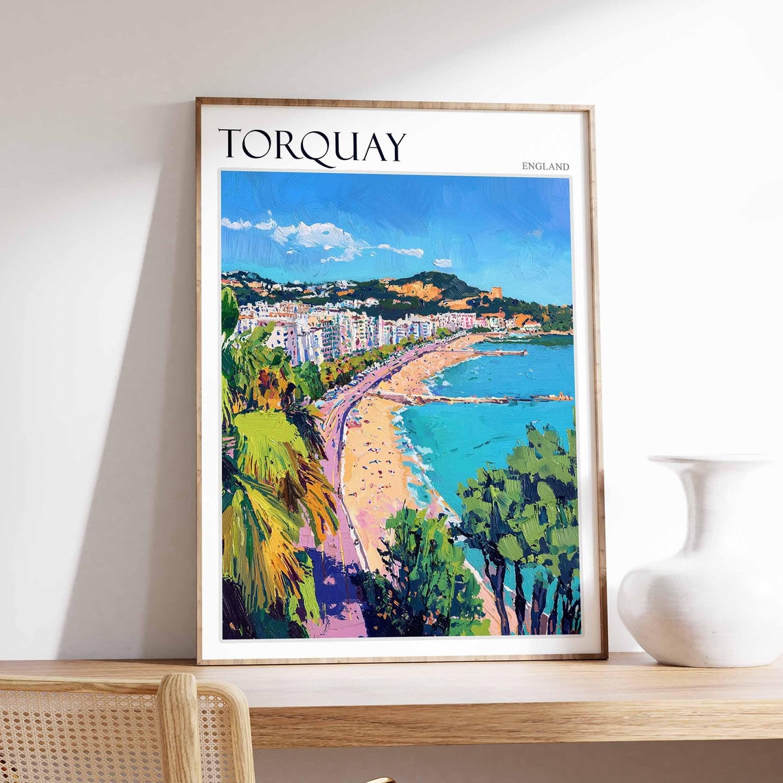 Torquay Long Beach Aerial Palms Town Painterly England Seaside Poster