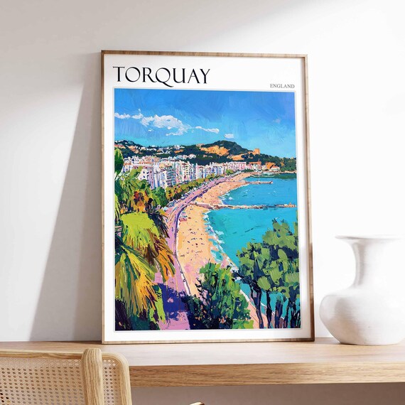 Torquay Long Beach Aerial Palms Town Painterly England Seaside Poster