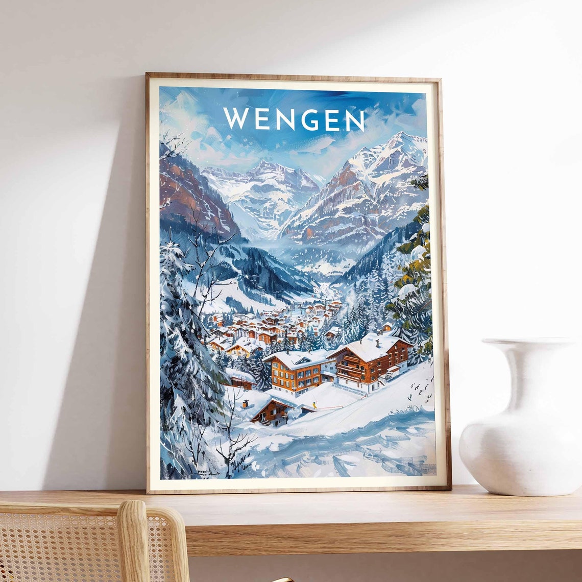 Wengen Switzerland Mountain Bowl Village Winter Scene Travel Poster