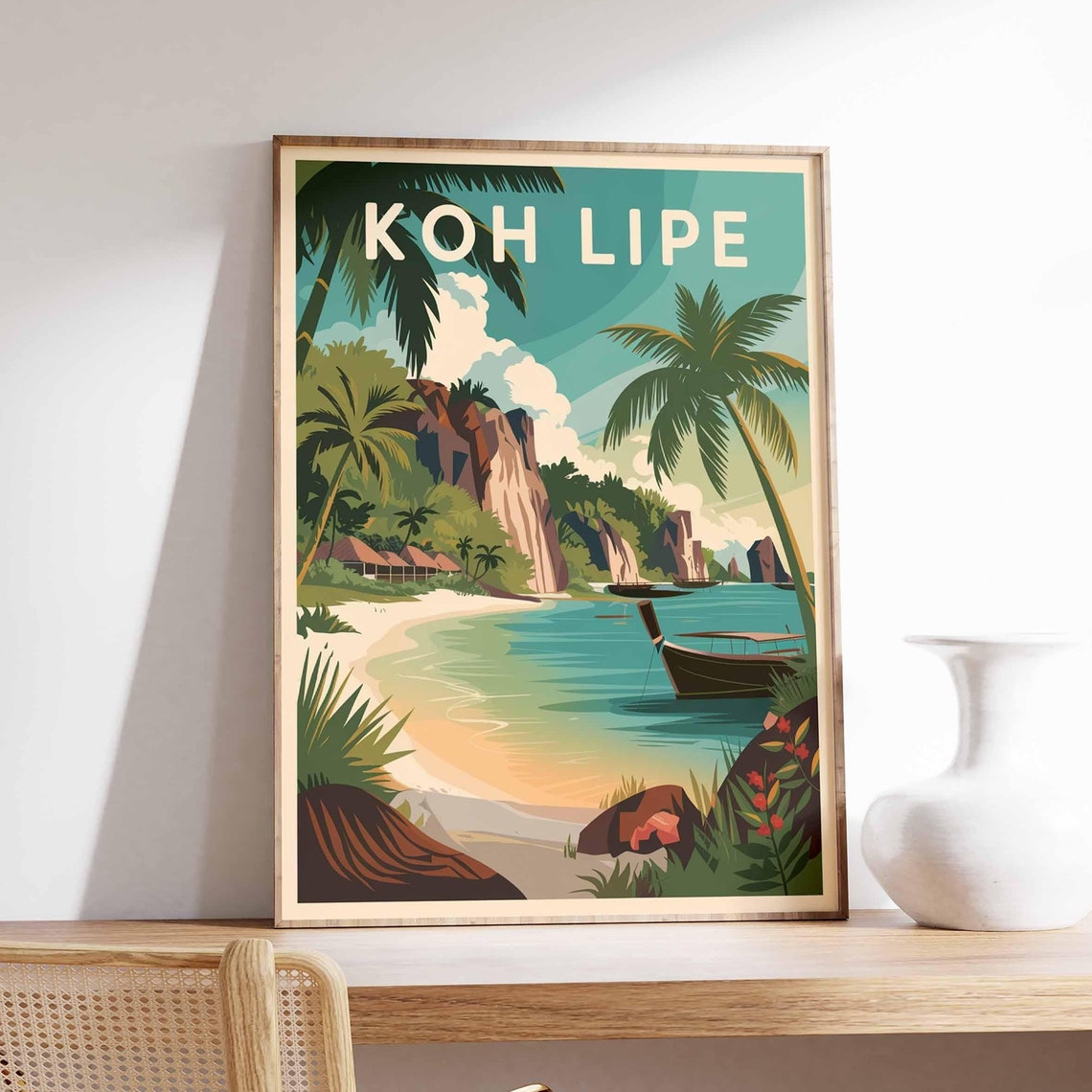 Koh Lipe Thailand Tropical Beach Longtail Boat Retro Travel Poster