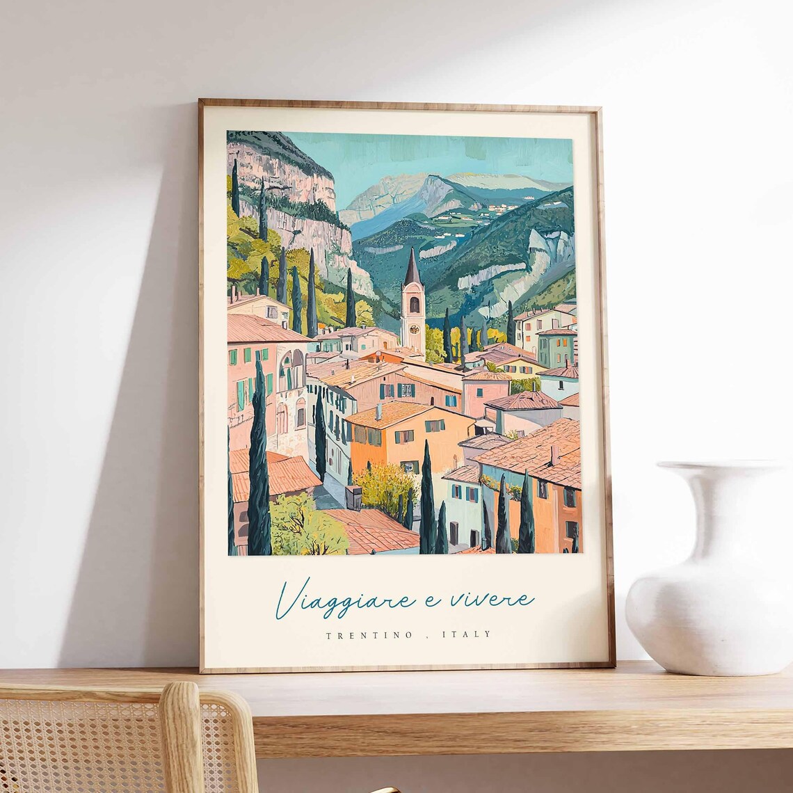 Trentino Italy Village Painting Cypress Trees Church Tower Poster