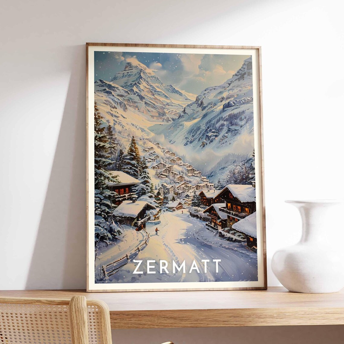 Zermatt Switzerland Snowy Village Night Mountain Travel Poster