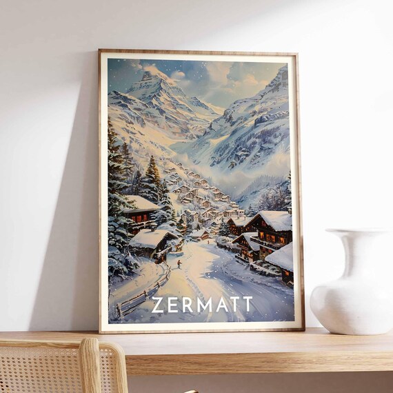 Zermatt Switzerland Snowy Village Night Mountain Travel Poster