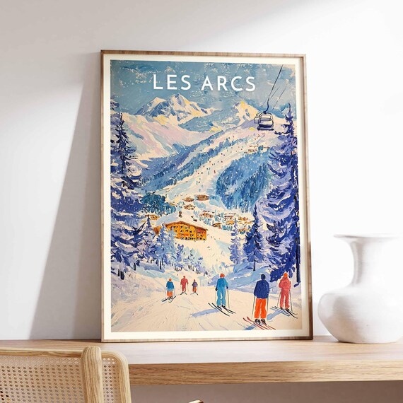 Les Arcs France Skiers Chairlift Alpine Village Peaks Ski Poster