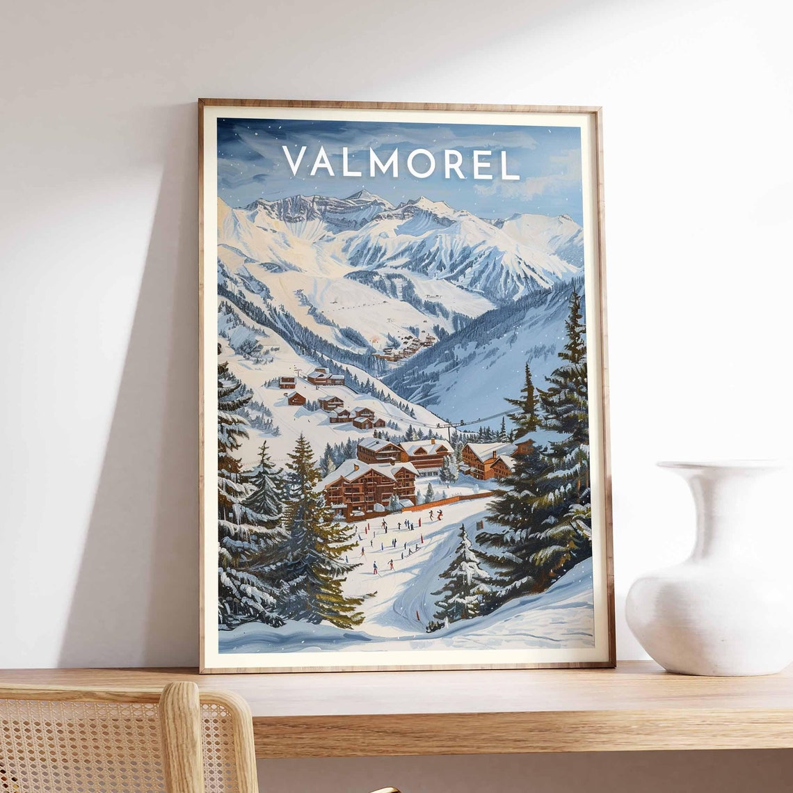 Valmorel Chalet Village Dusk Snowy Pine Trees Mountain Night Poster
