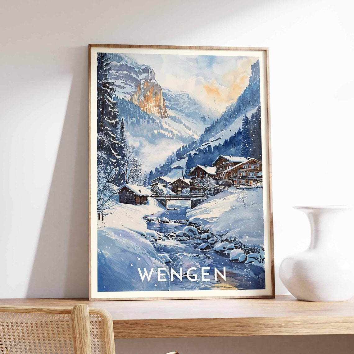 Wengen Switzerland Snowy Stream Chalets Winter Village Travel Poster