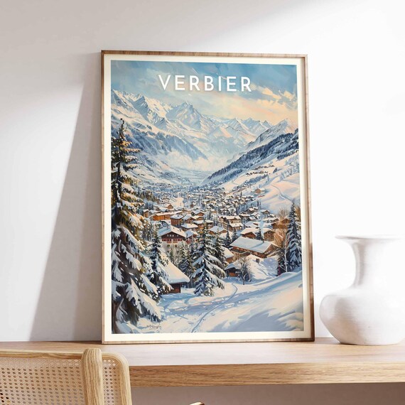 Verbier Switzerland Panoramic Village Mountain Scene Travel Poster