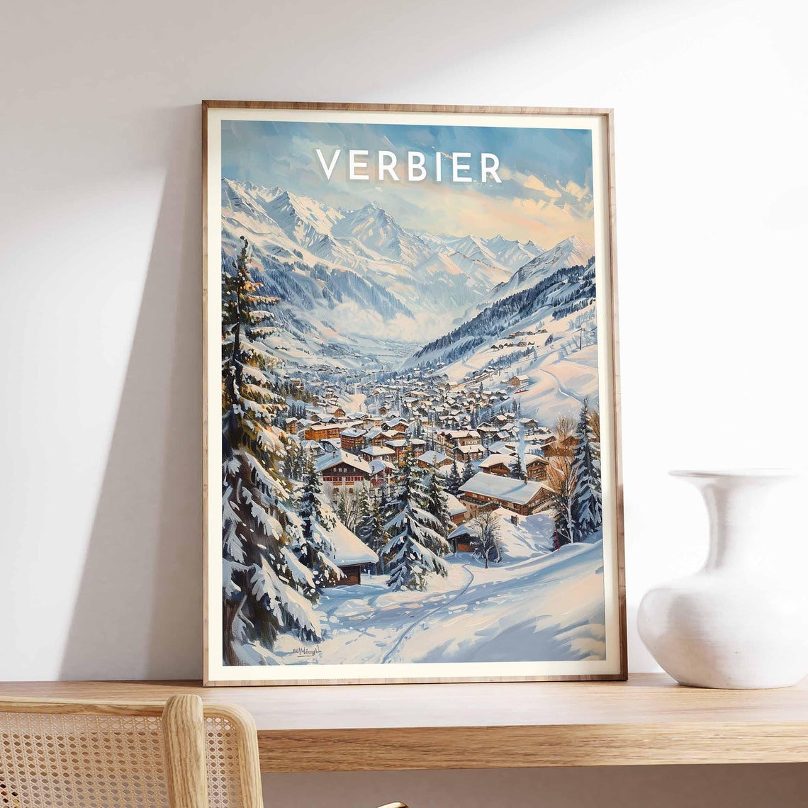 Verbier Switzerland Panoramic Village Mountain Scene Travel Poster