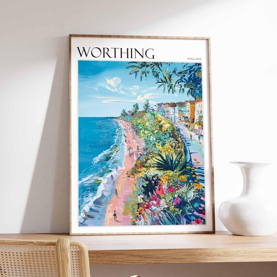 Worthing England Flower Garden Cliff Path Beach View Painting Poster