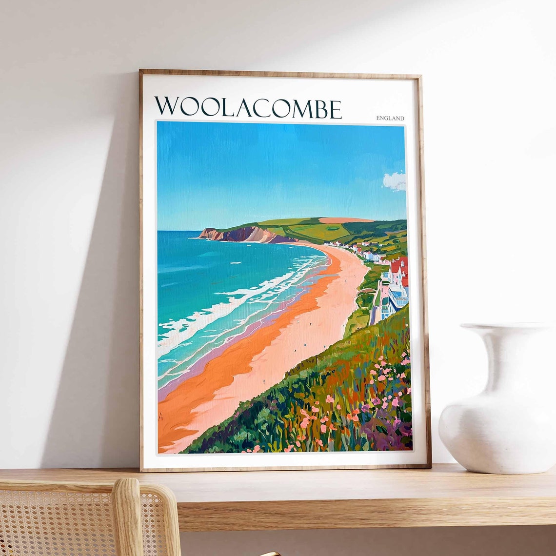 Woolacombe England Long Sandy Beach Cliffs Coastal Travel Poster