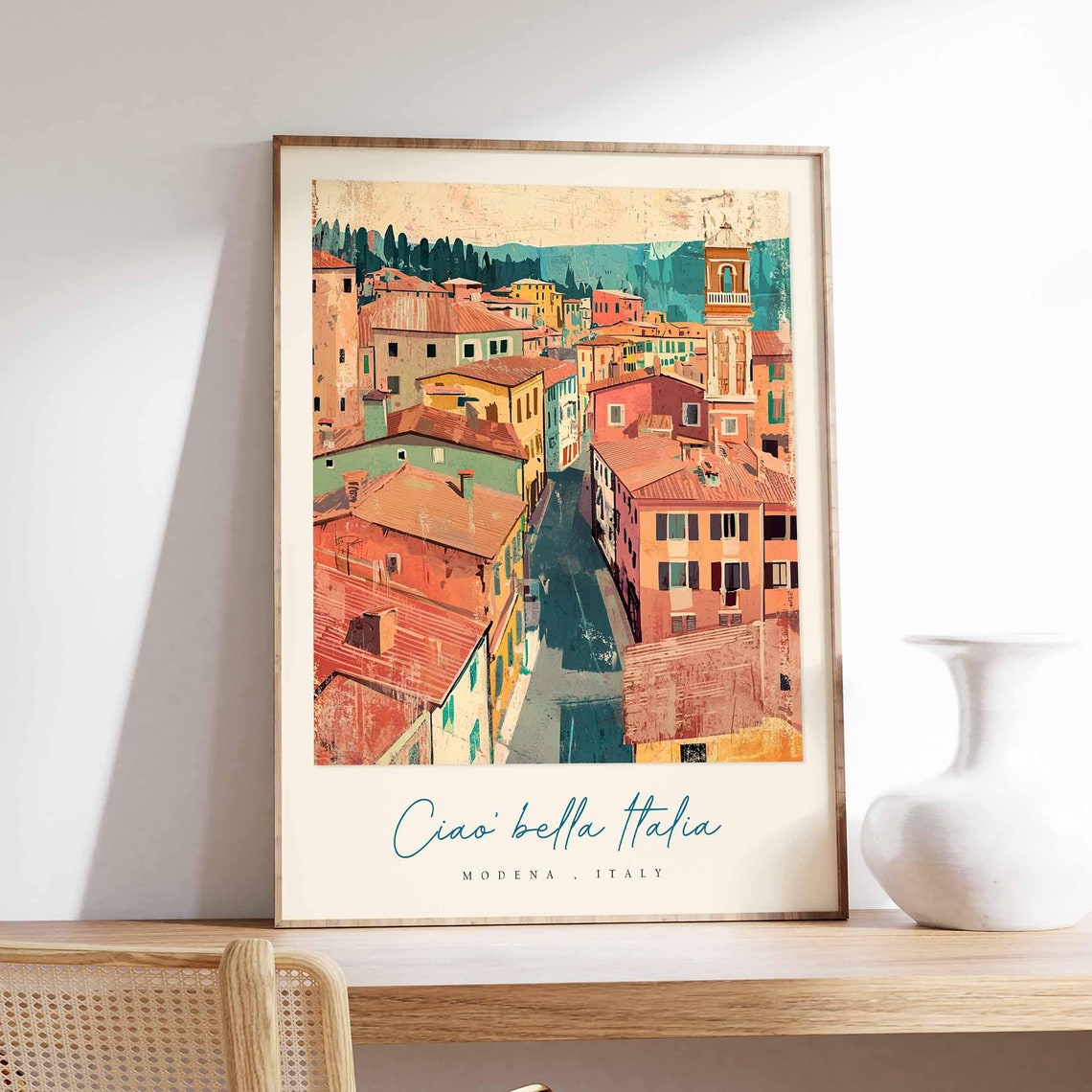 Modena Italy Rooftops Collage Bell Tower Teal Hills Art Poster