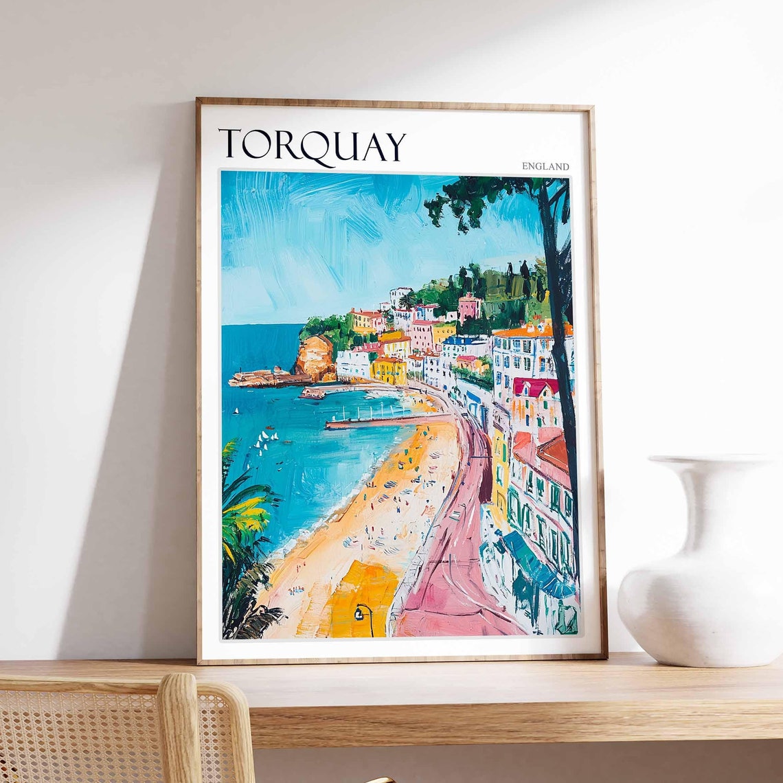 Torquay Curving Beach Palm Promenade Painterly Seaside Coast Poster