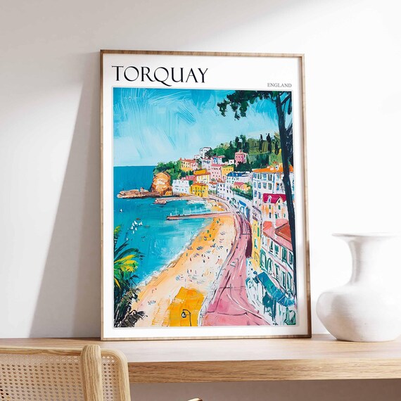 Torquay Curving Beach Palm Promenade Painterly Seaside Coast Poster