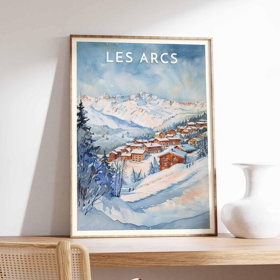 Les Arcs France Watercolor Alpine Village Snowy Peaks Ski Poster