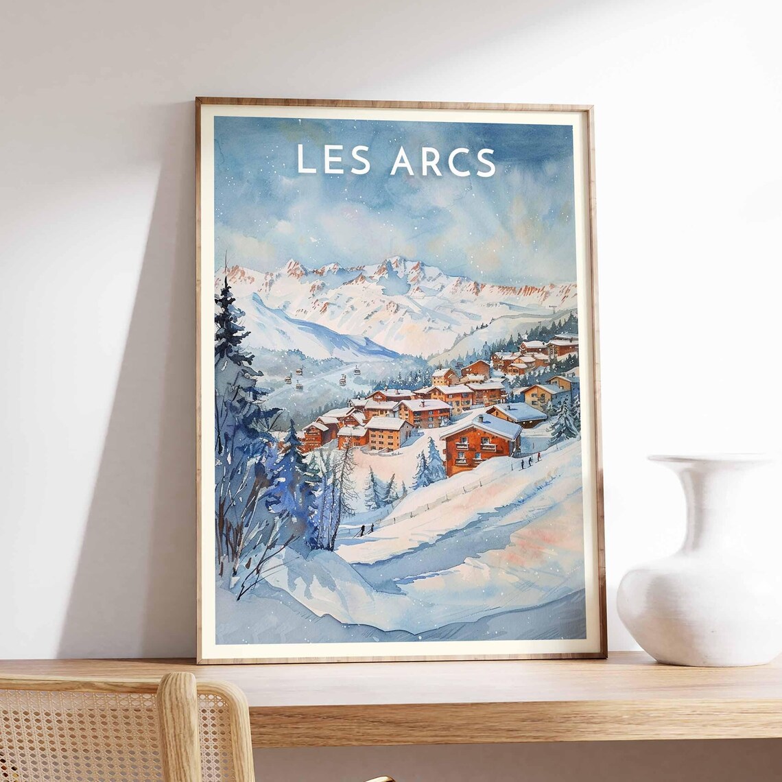 Les Arcs France Watercolor Alpine Village Snowy Peaks Ski Poster