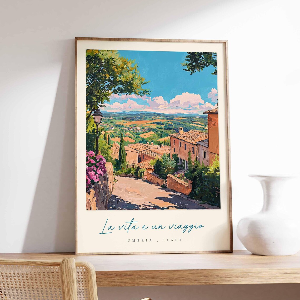 Umbria Italy Village Cobbled Lane Lamp Post Valley Panorama Poster