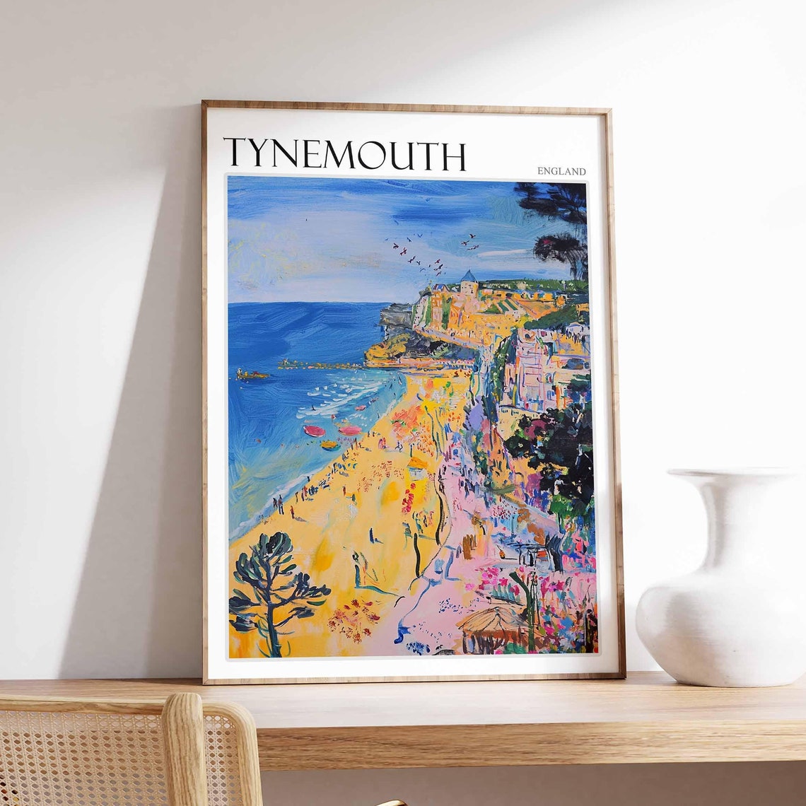 Tynemouth Golden Cliffs Yellow Beach Birds Bright Painterly Poster