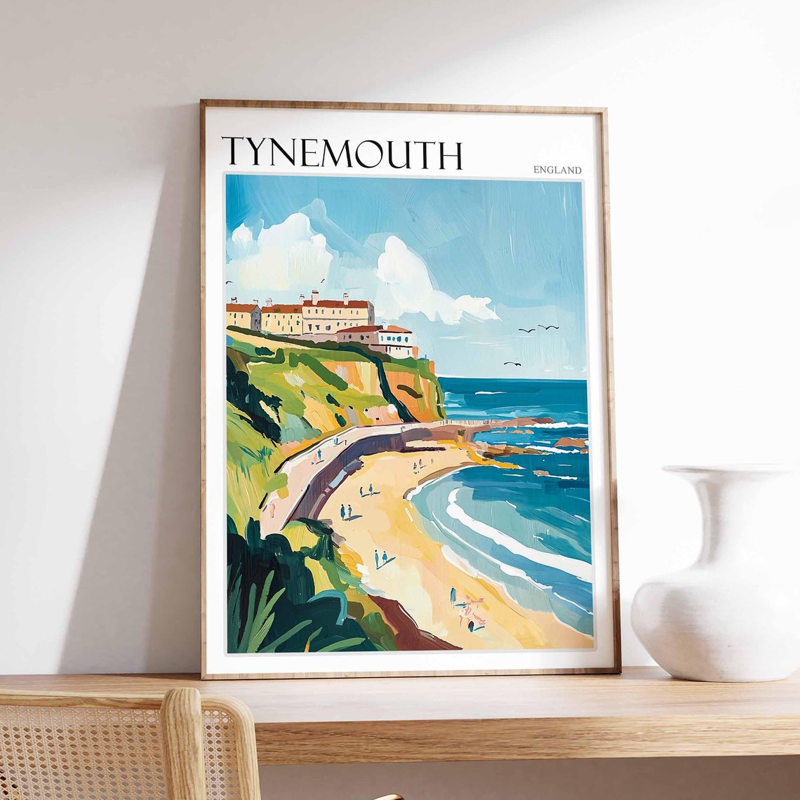 Tynemouth Green Cliffs Beach Red Roofs Coastal View Art Poster