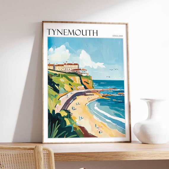 Tynemouth Green Cliffs Beach Red Roofs Coastal View Art Poster