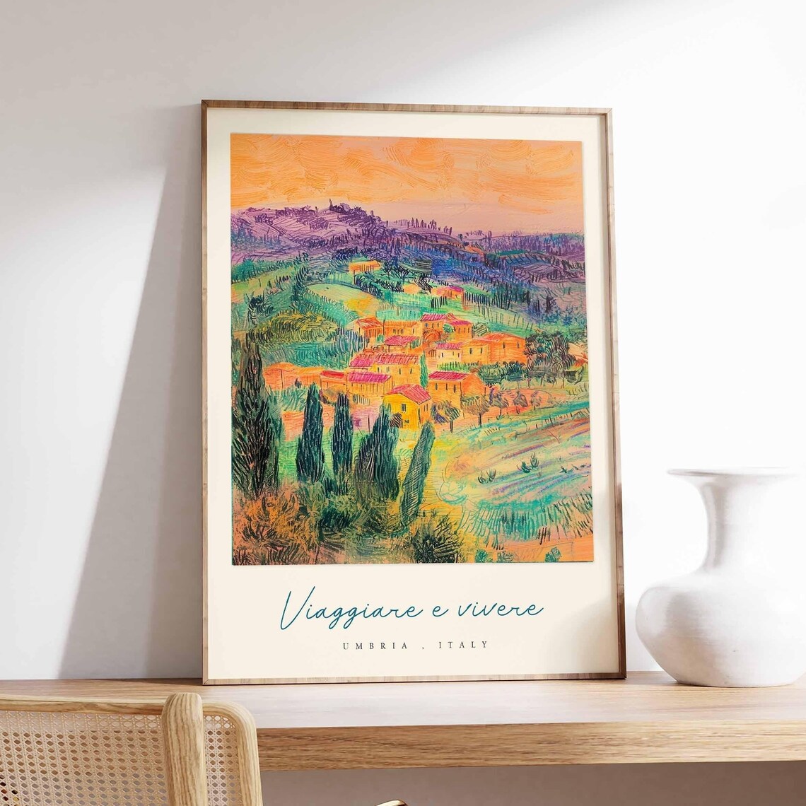 Umbria Italy Village Sunset Expressionist Painting Purple Hills Poster