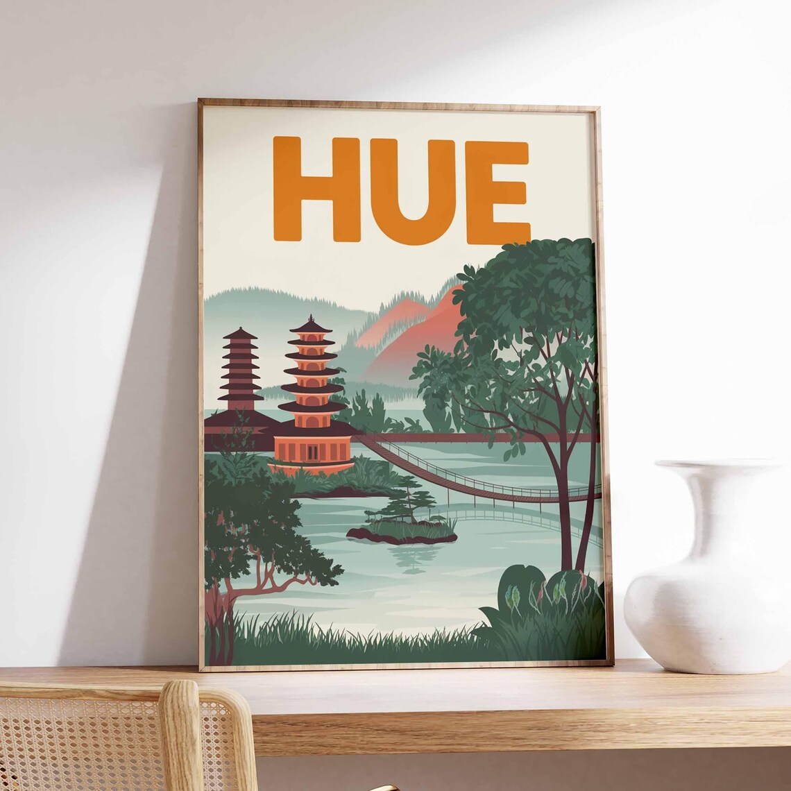 Hue Vietnam Retro Travel Pagodas Lake Bridge Scenic Art Decor Poster