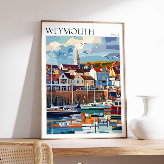 Weymouth England Harbor Sailboats Seagulls Church Spire Art Poster