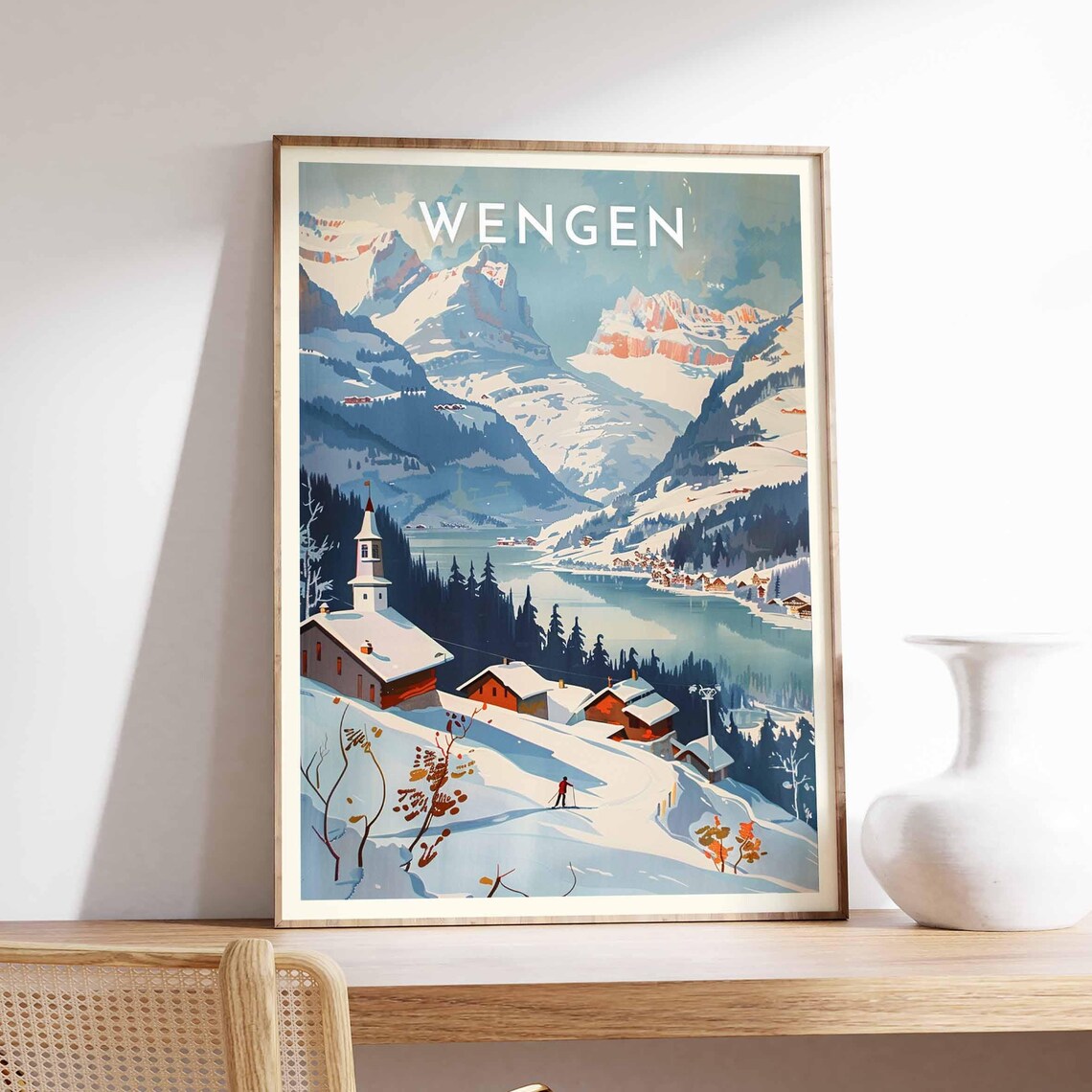 Wengen Switzerland Church Chalets Lake Mountain Scene Travel Poster