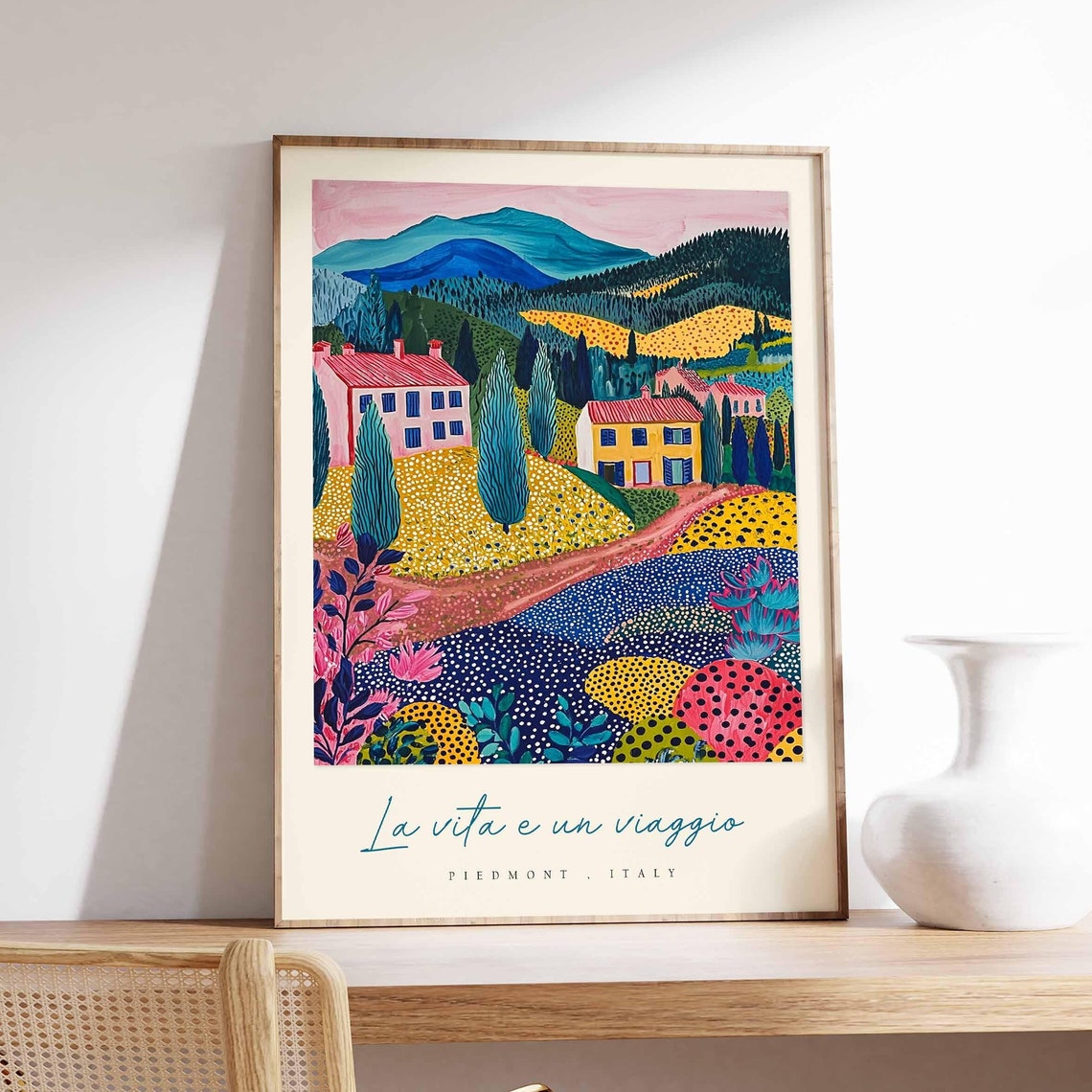 Piedmont Italy Dotted Mountain Village Artwork Travel Poster