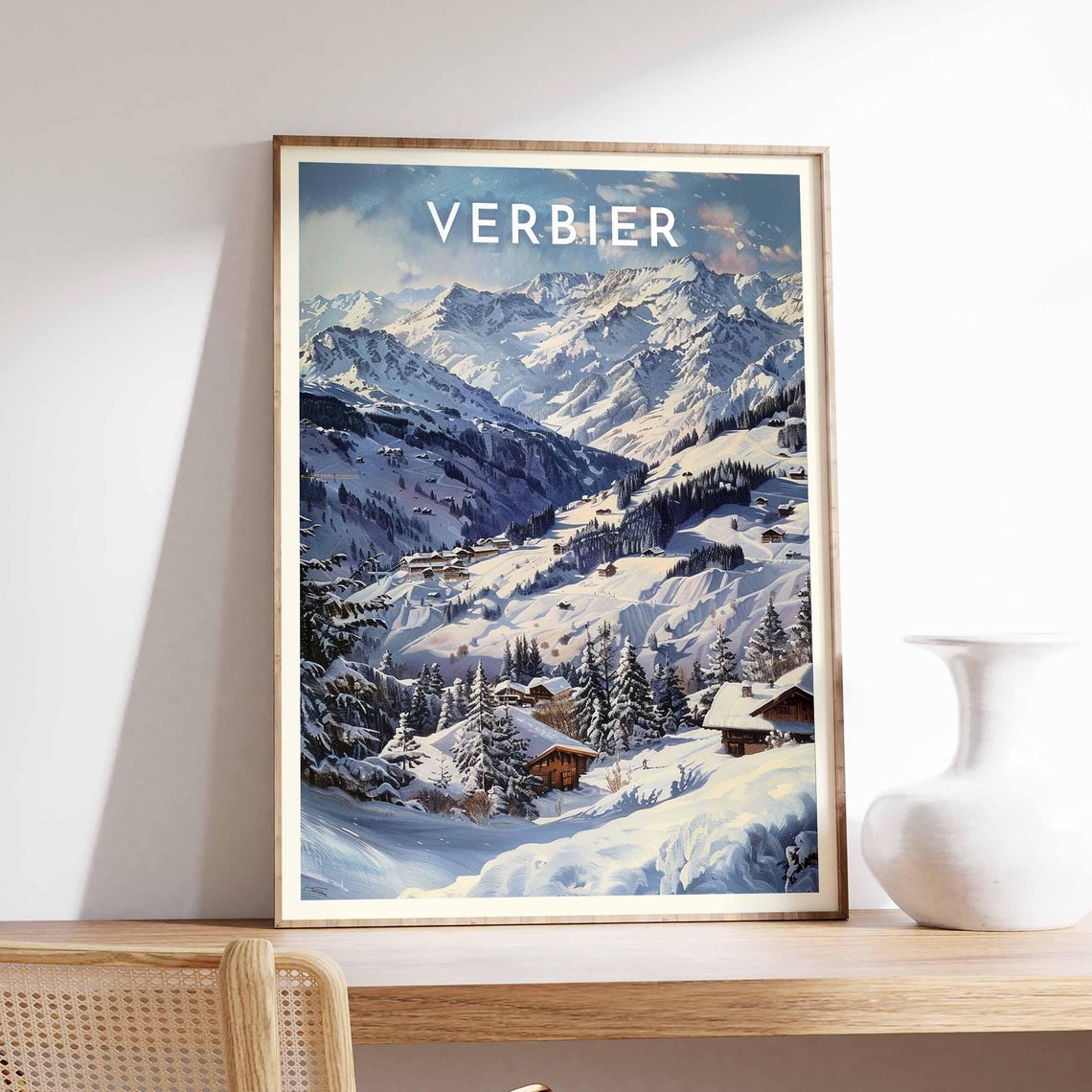 Verbier Switzerland Panoramic Snowy Peaks Chalets Winter Art Poster
