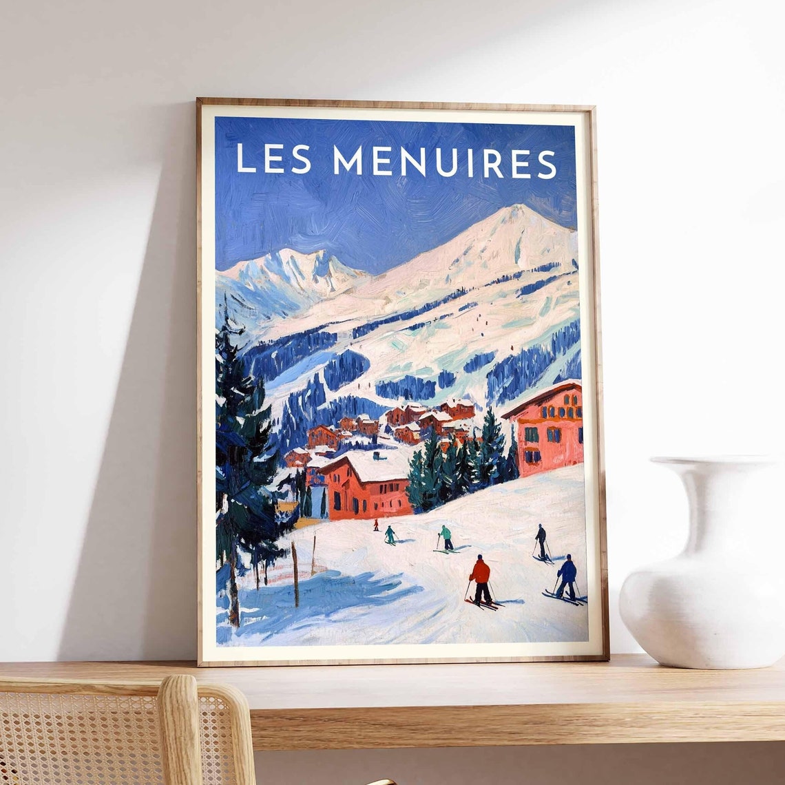 Les Menuires France Retro Skiers Mountain Slopes Red Chalets Poster
