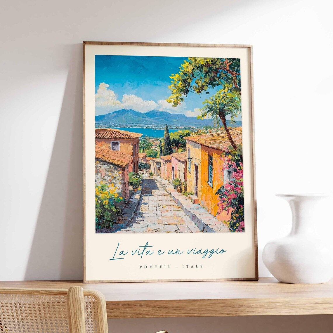 Pompeii Italy Cobblestone Street Bay Mountain Painting Travel Poster