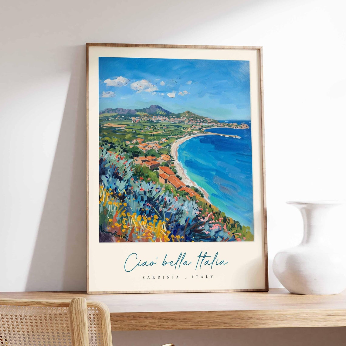 Sardinia Italy Curved Bay Bold Oil Paint Green Hills Coast Poster