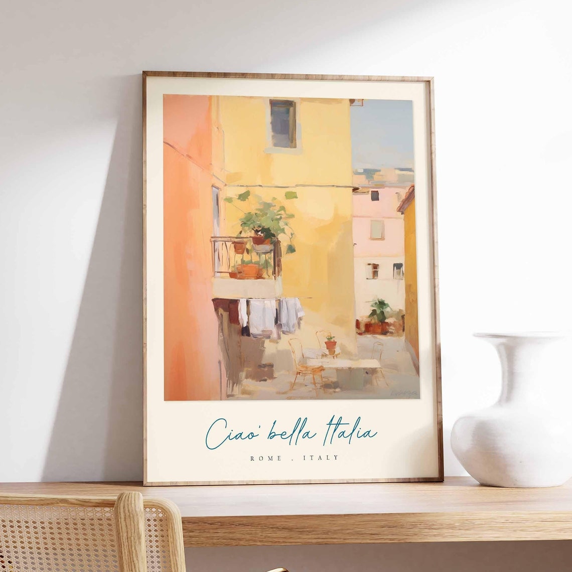 Rome Italy Sunlit Alley Balcony Plants Watercolor Charm Art Poster