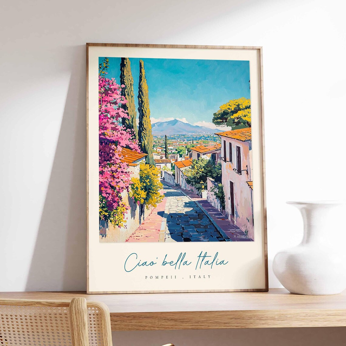 Pompeii Italy Cypress Street Mountain View Painting Travel Art Poster