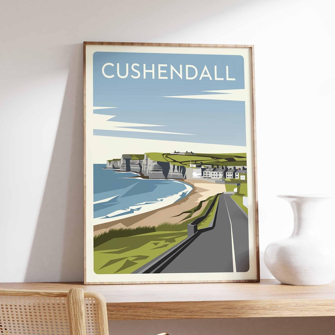 Cushendall White Cliffs Coast Retro Beach Village Road Travel Poster