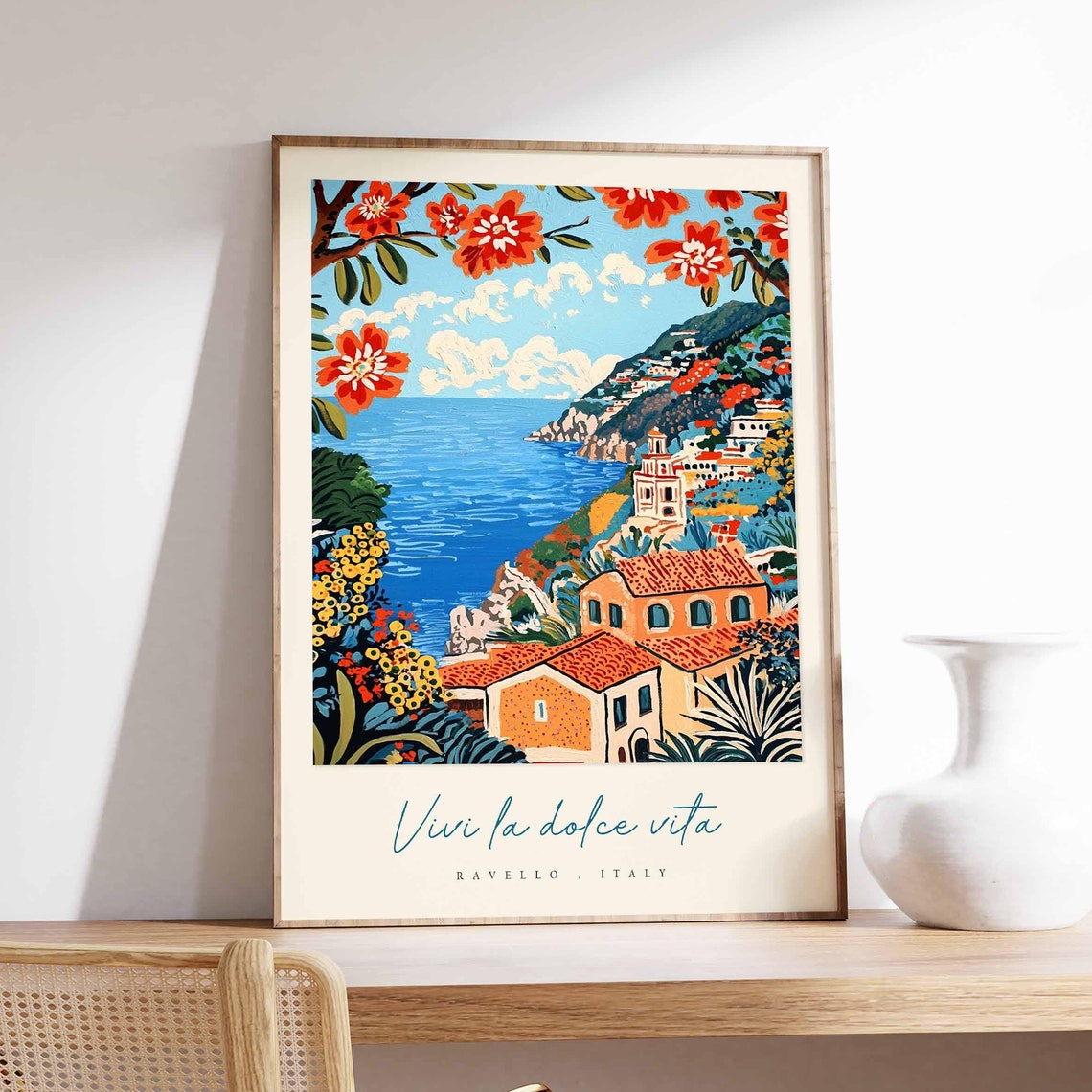 Ravello Italy Pop Art Red Bloom Border Coast Village Scene Poster