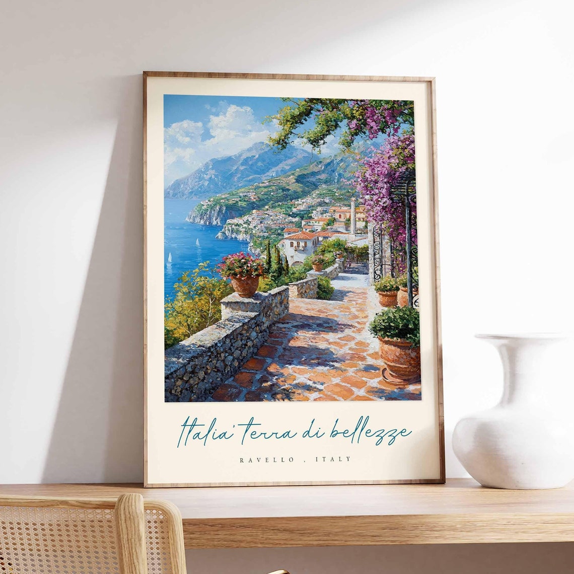 Ravello Italy Stone Terrace Amalfi Coast Sea Bougainvillea Poster