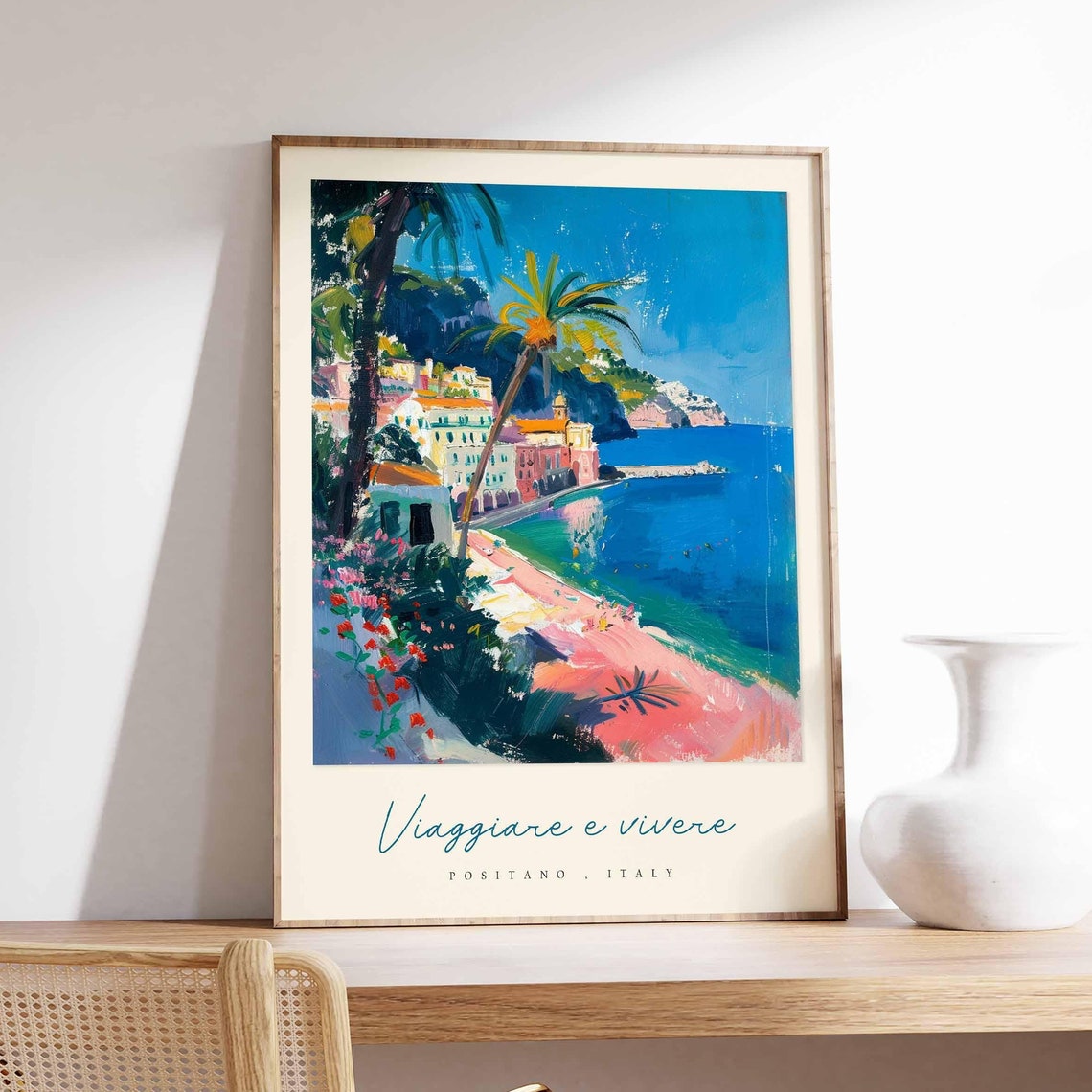 Positano Italy Sandy Beach Palm Trees Boats Seaside View Travel Poster