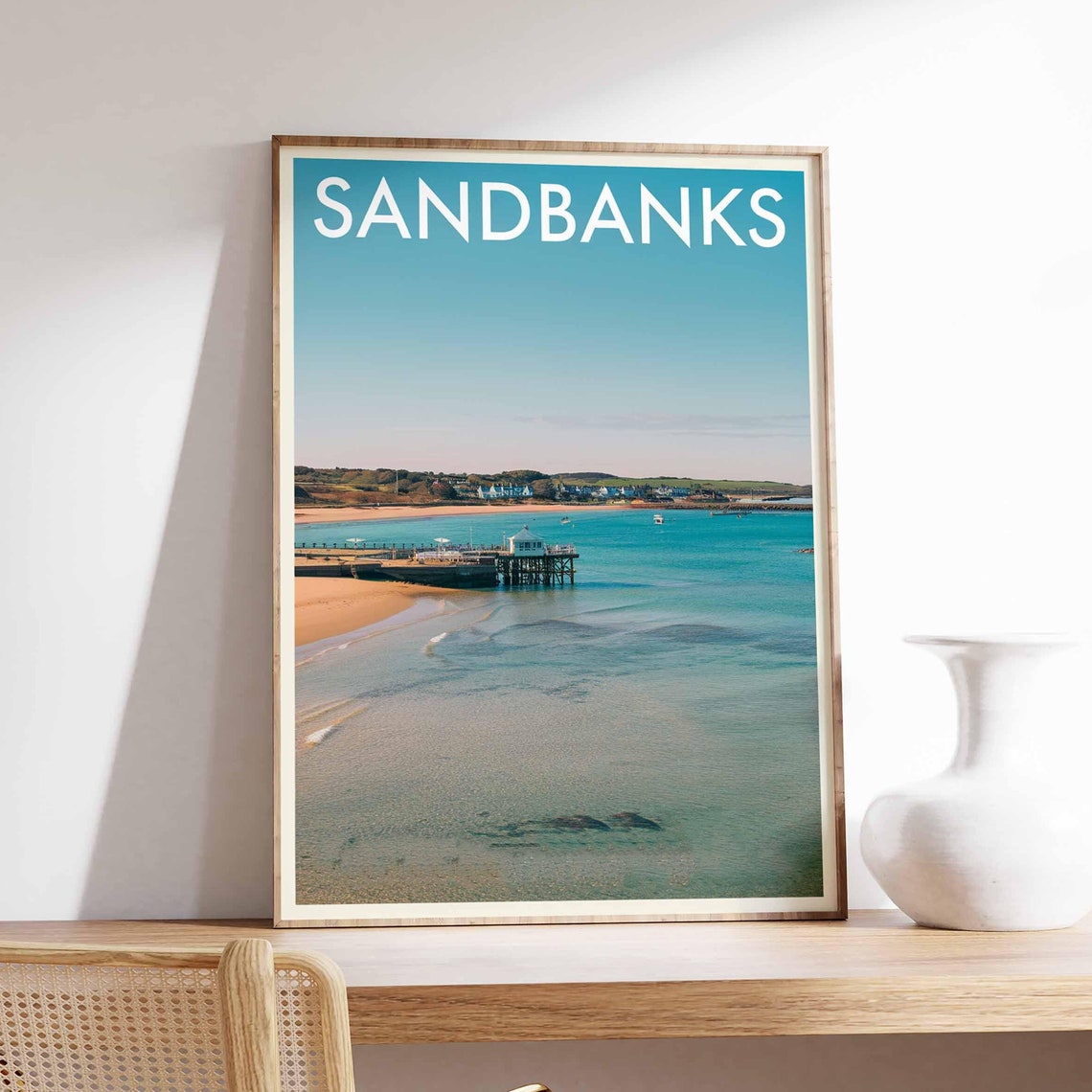 Sandbanks Pier Turquoise Bay Photo Style Retro Travel Poster