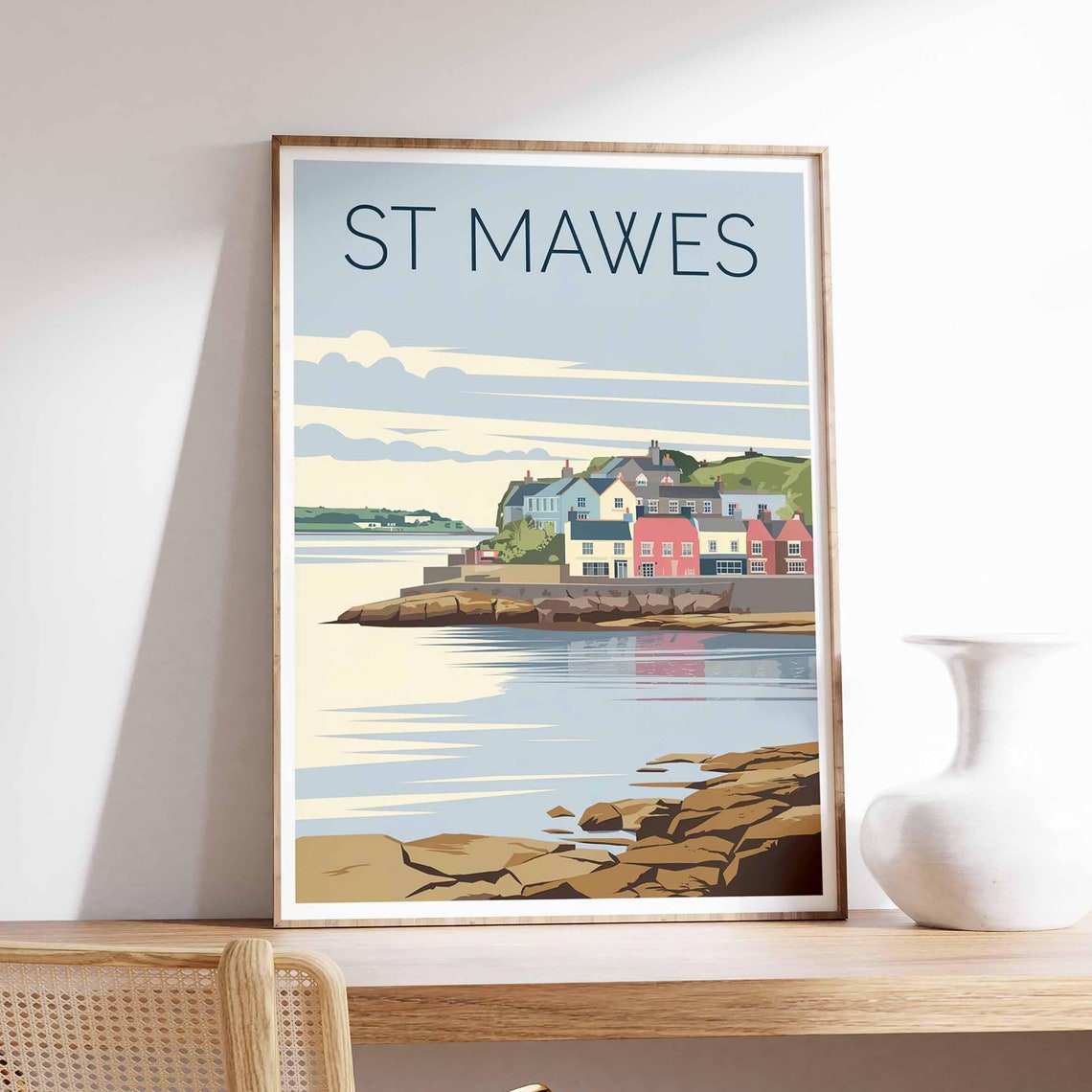 St Mawes Cornwall Pastel Waterfront Cottages Rocky Point Travel Poster