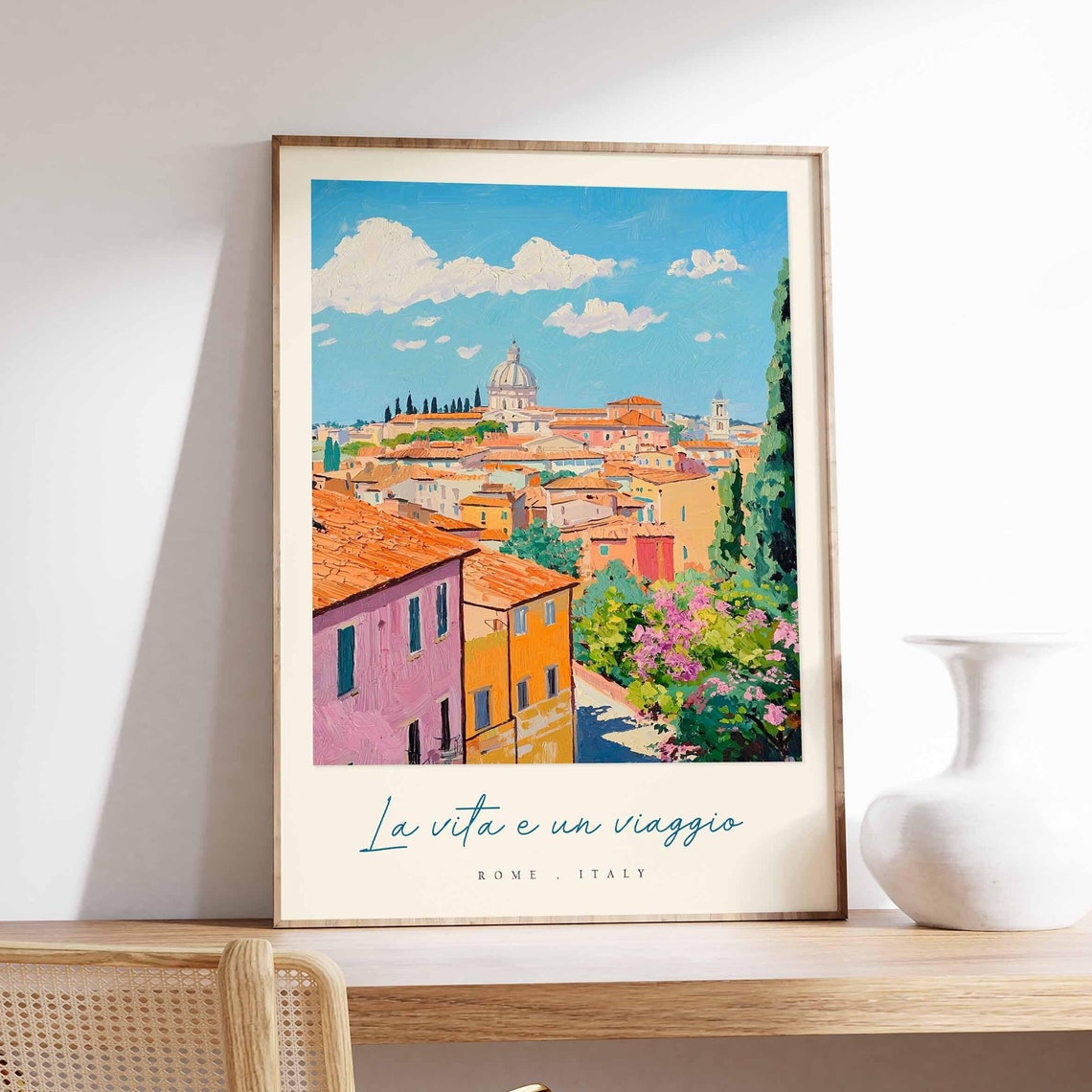 Rome Italy Colorful Rooftops Dome Clouds Watercolor Travel Poster