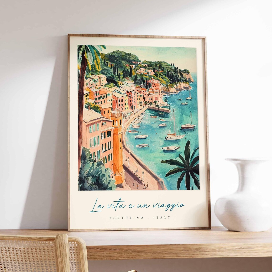 Portofino Italy Watercolor Bay Scene La Vita E Un Viaggio Poster