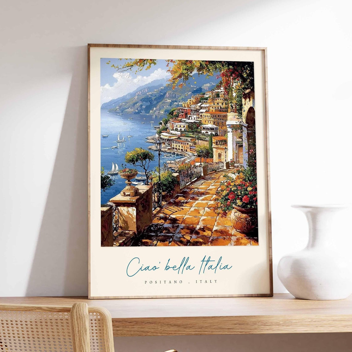 Positano Italy Tiled Terrace Bay Sailboats Blue Sea View Travel Poster