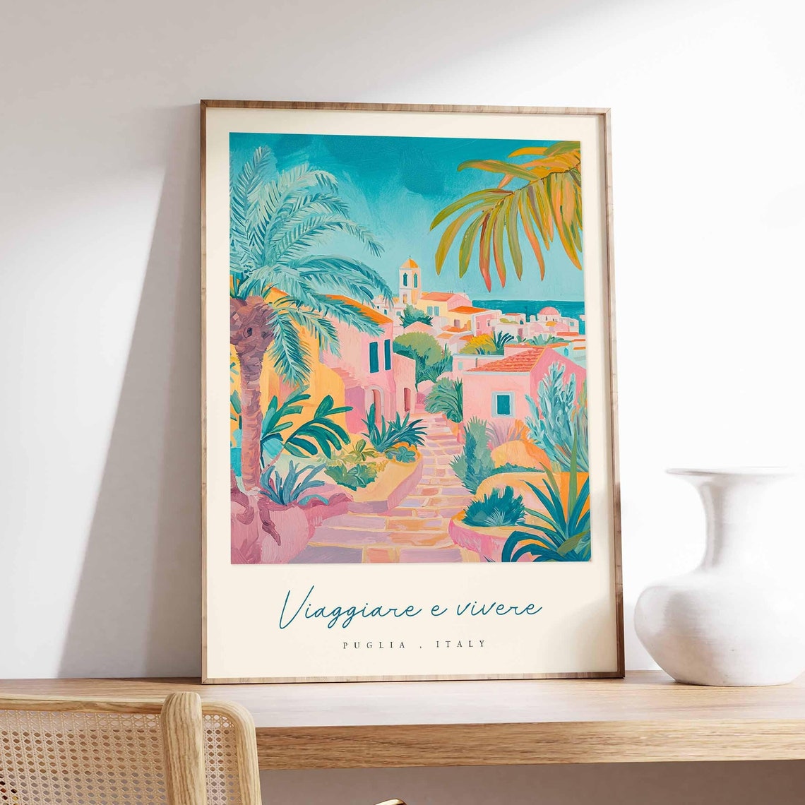 Puglia Italy Palm Framed Pink Path Tropical Flat Style Art Poster