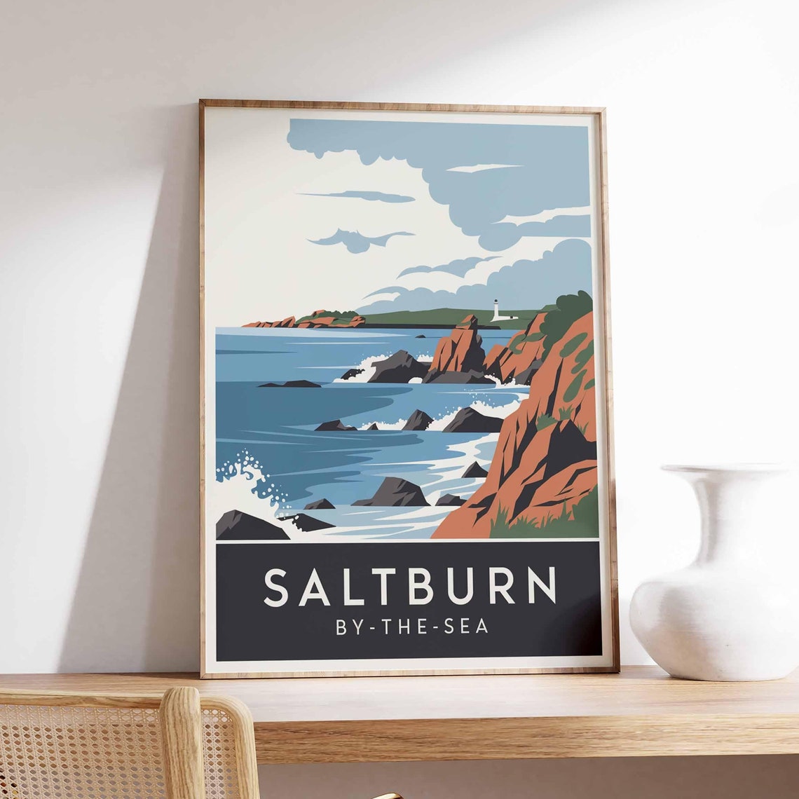 Saltburn By The Sea Red Cliffs Waves Retro Coastal Travel Poster