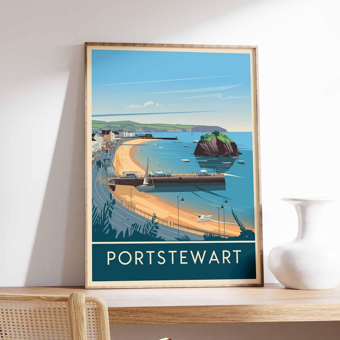 Portstewart Harbor Retro Boats Pier Green Island Travel Poster